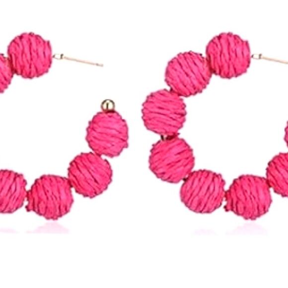 Magenta Raffia Wrapped Ball Hoop Earrings - Picture 1 of 1
